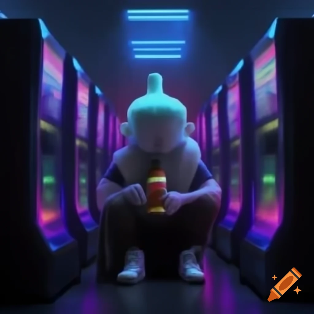 Stylized hot sauce character celebrating near neon slots machine with winning screen