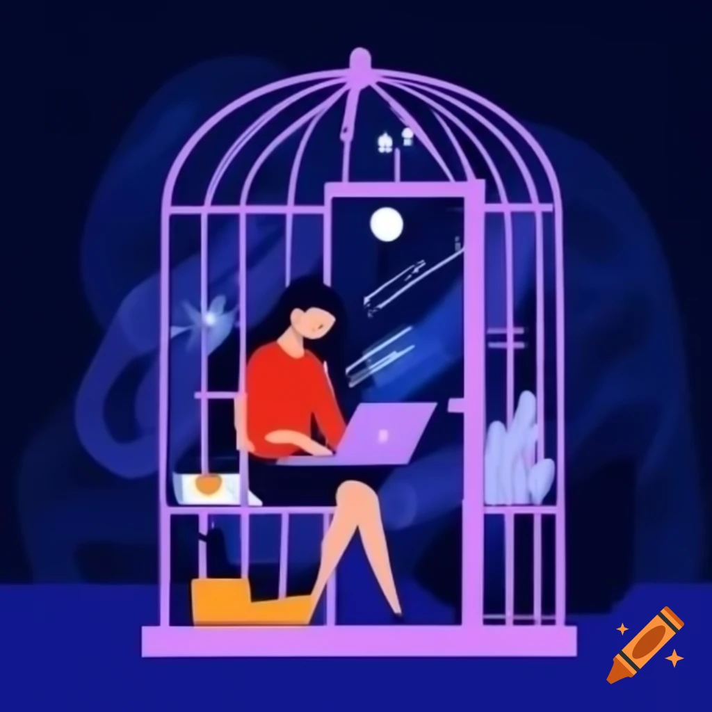 Woman sitting in opened cage with laptop, galaxy background