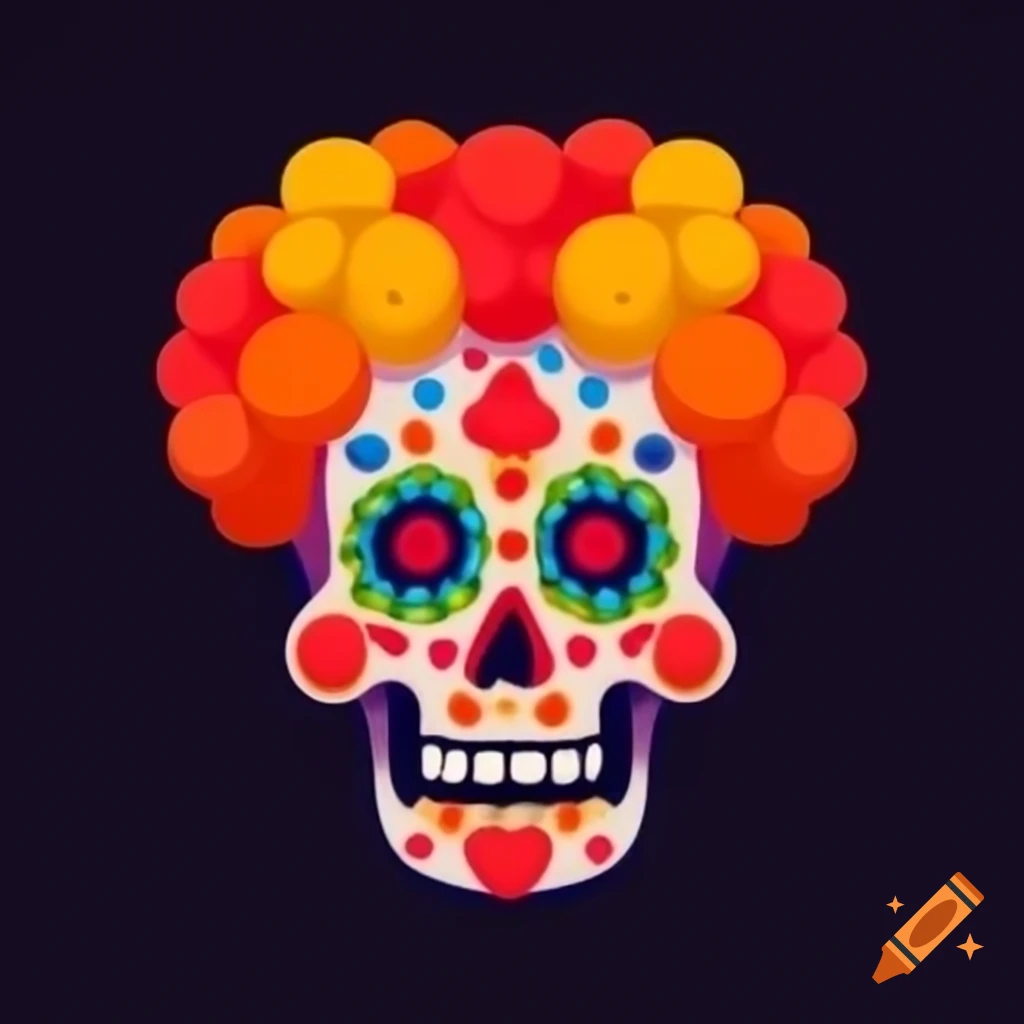 Colorful clownish Día de Muertos sugar skull with red nose and orange afro