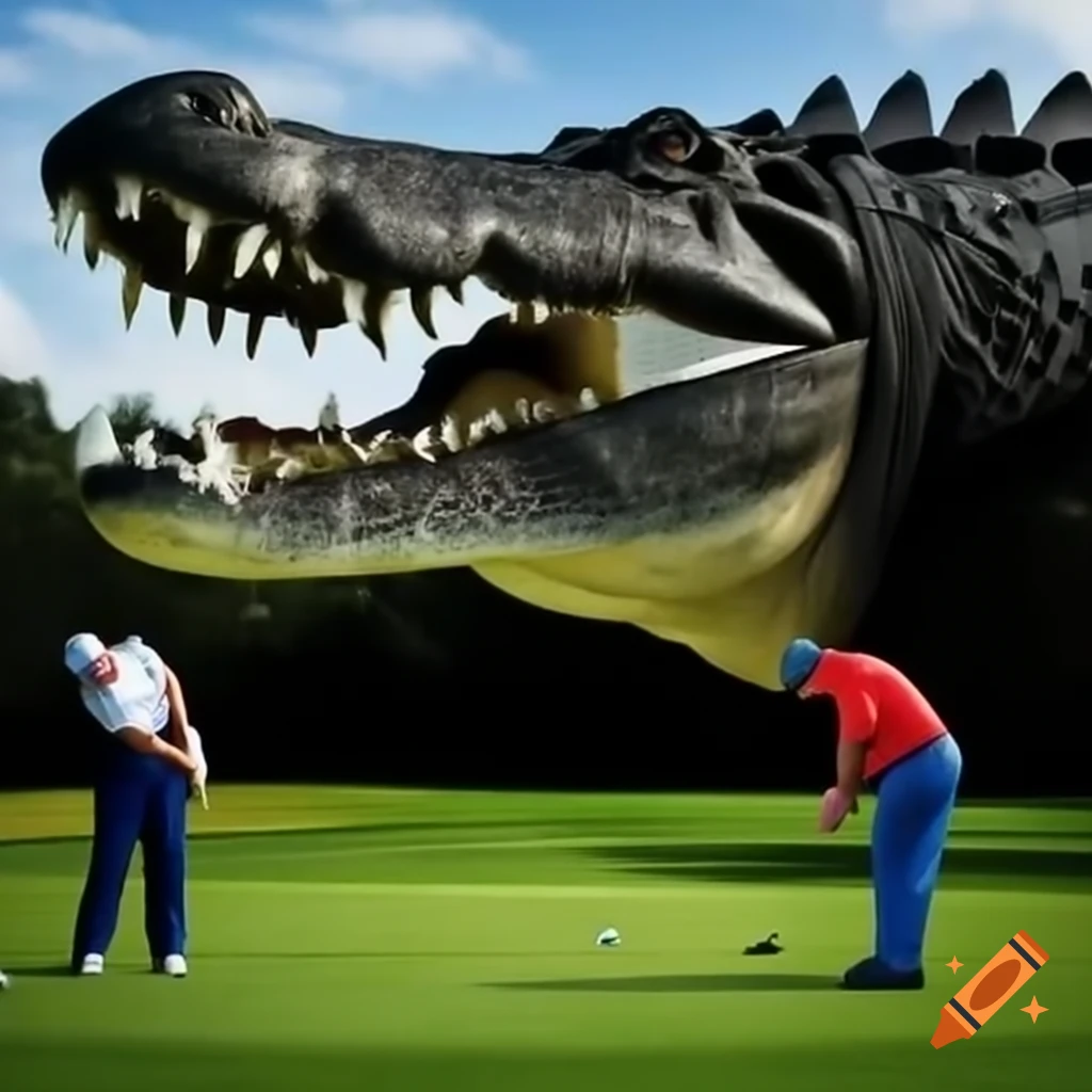 Satirical photorealistic portrait of Trump golfing while being chased by an alligator
