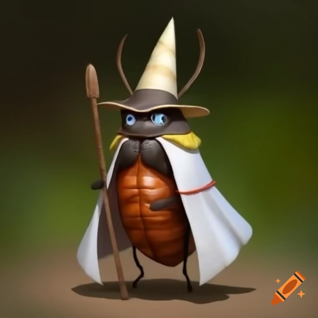 Roach bug in white cape and pointy hat holding a staff