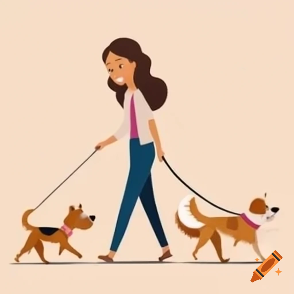 Happy woman walking multiple dogs