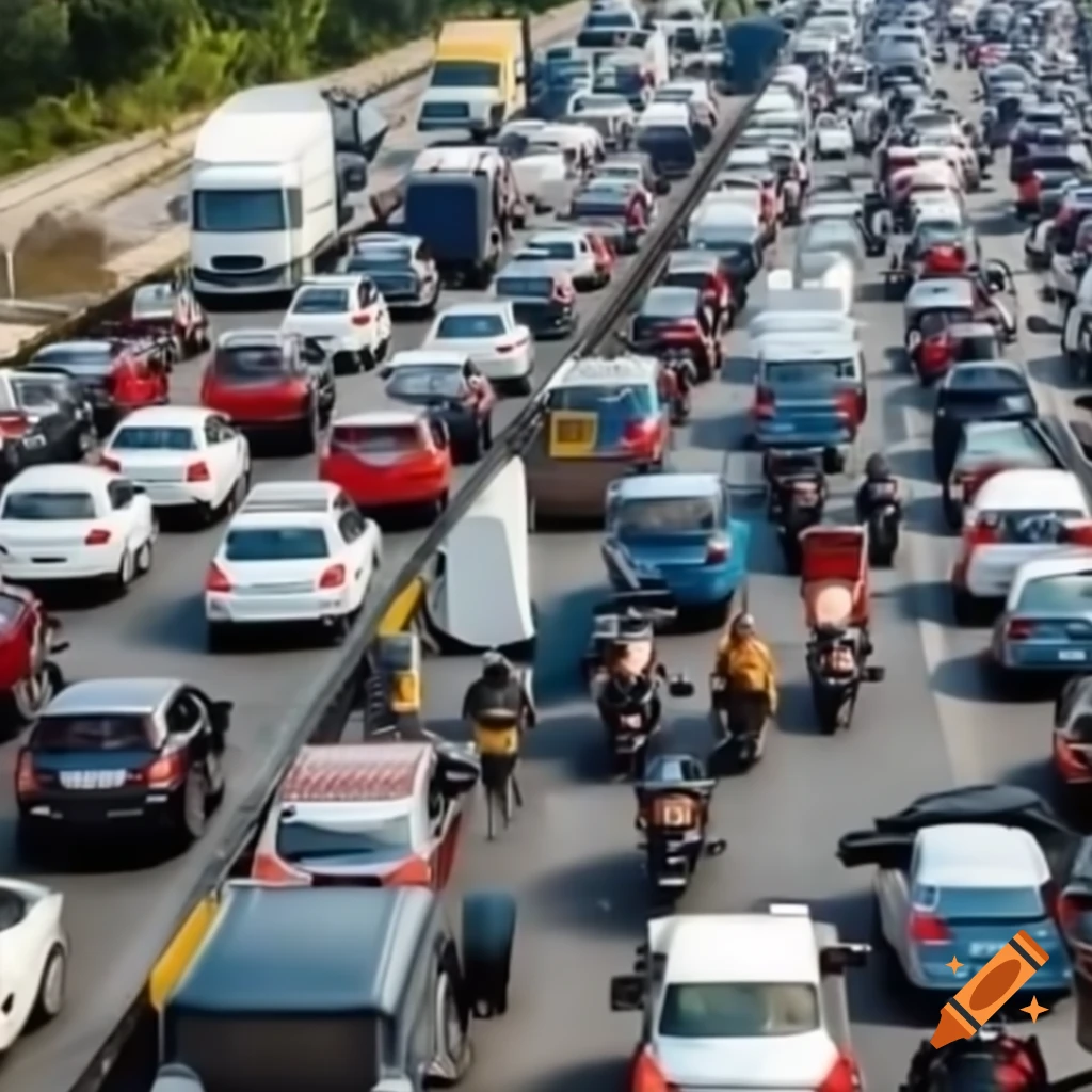 Traffic congestion with cars, motorcycles, and trucks