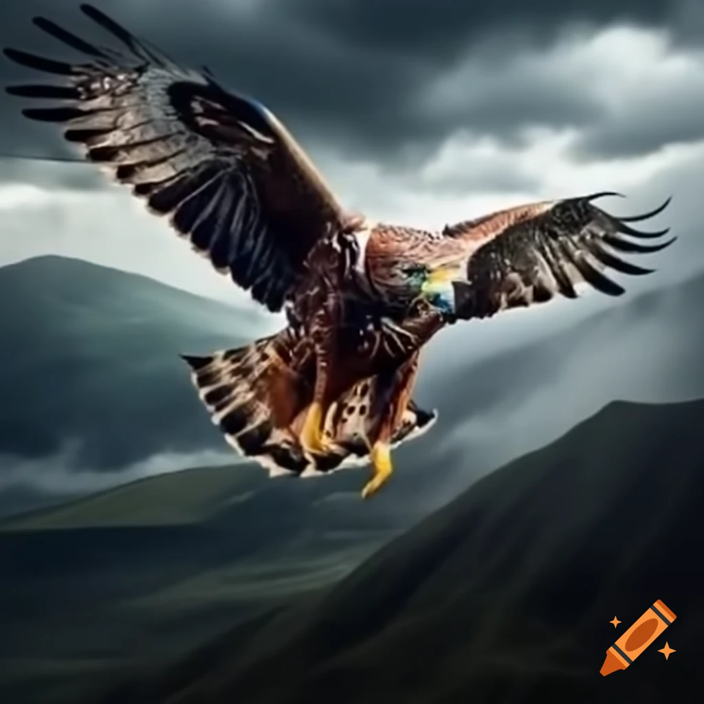 Hawk soaring above stormy hills