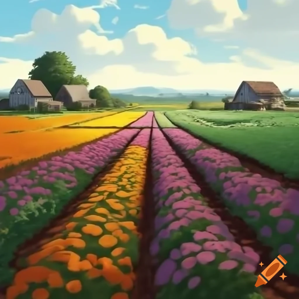 Countryside landscape with rows of crops and multicolored flowers