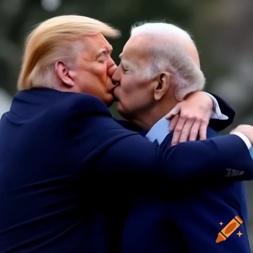 Humorous depiction of political figures embracing in a loving manner