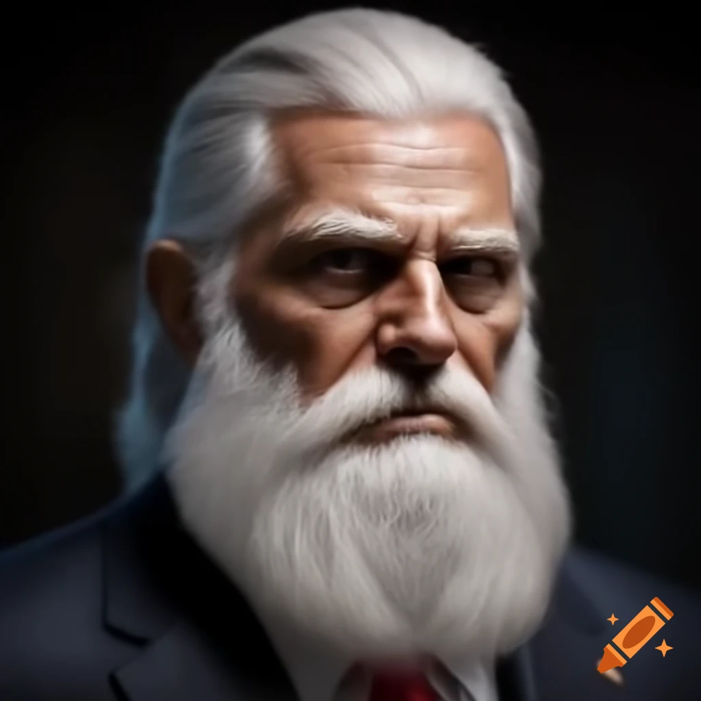 Realistic portrayal of Donald Trump with white hair and beard