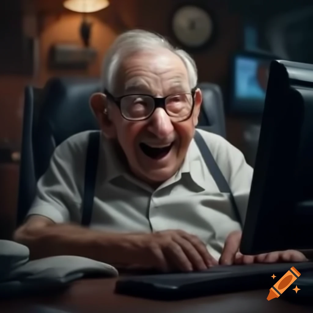 Short elderly man with glasses laughing at computer