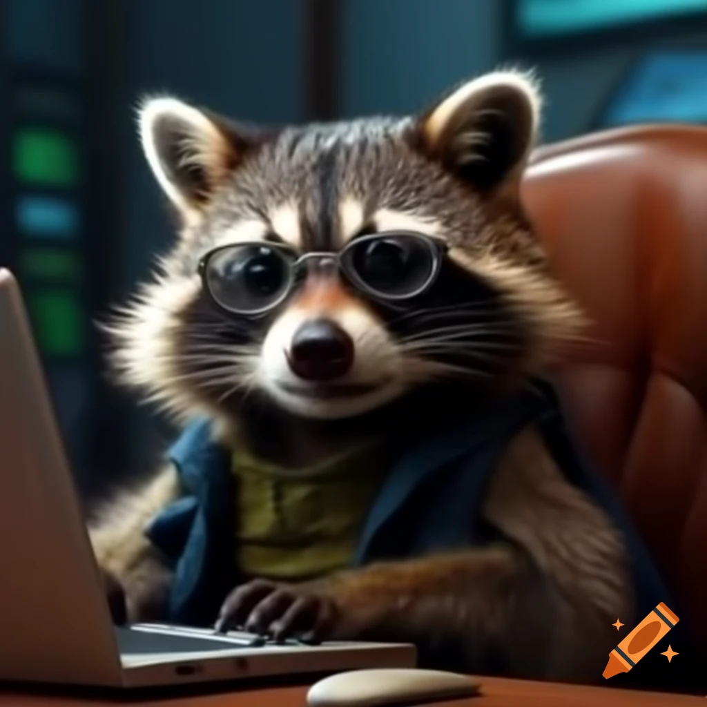 Raccoon wearing glasses sitting behind laptop, reflecting on career