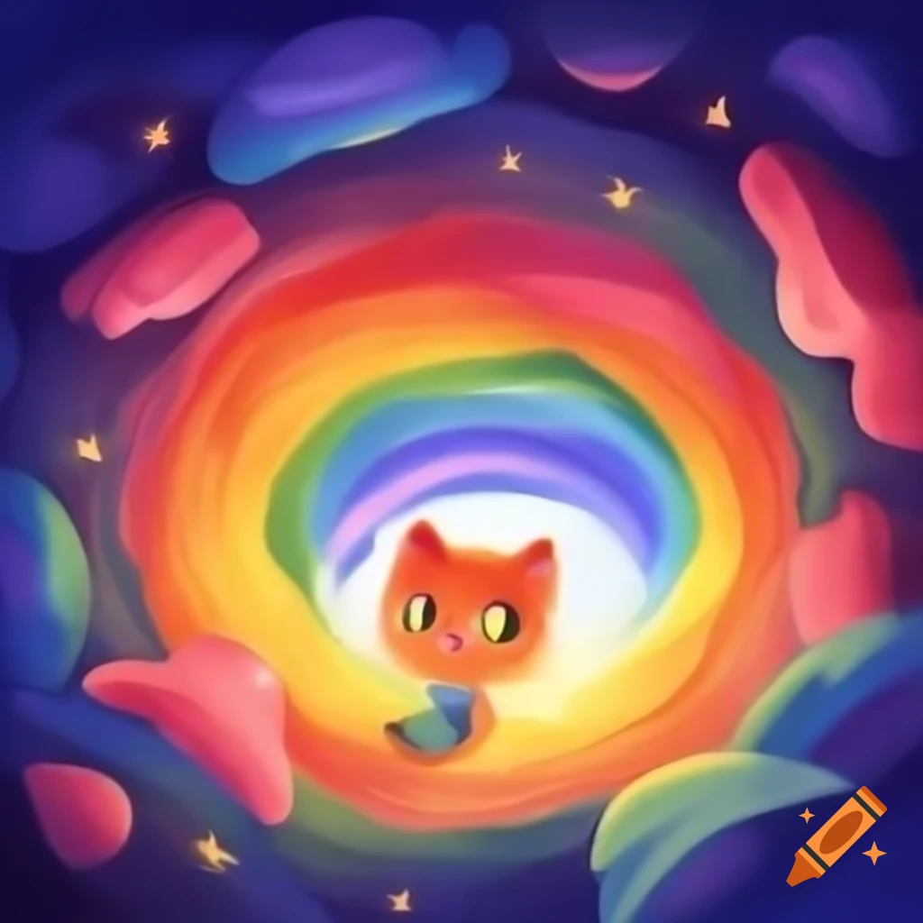 Cute anime cartoon angel kitten traveling through a rainbow wormhole connecting two universes
