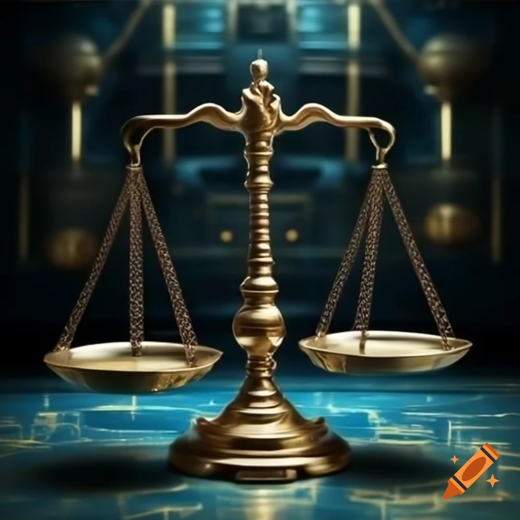 Split image of scales of justice and computer circuit board, symbolic design