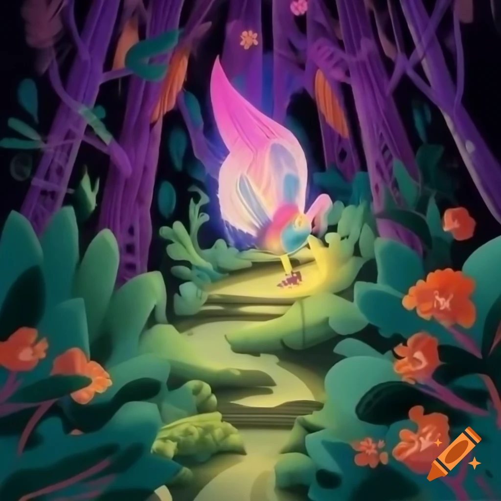 Magical forest with colorful trees in pink, orange, and purple