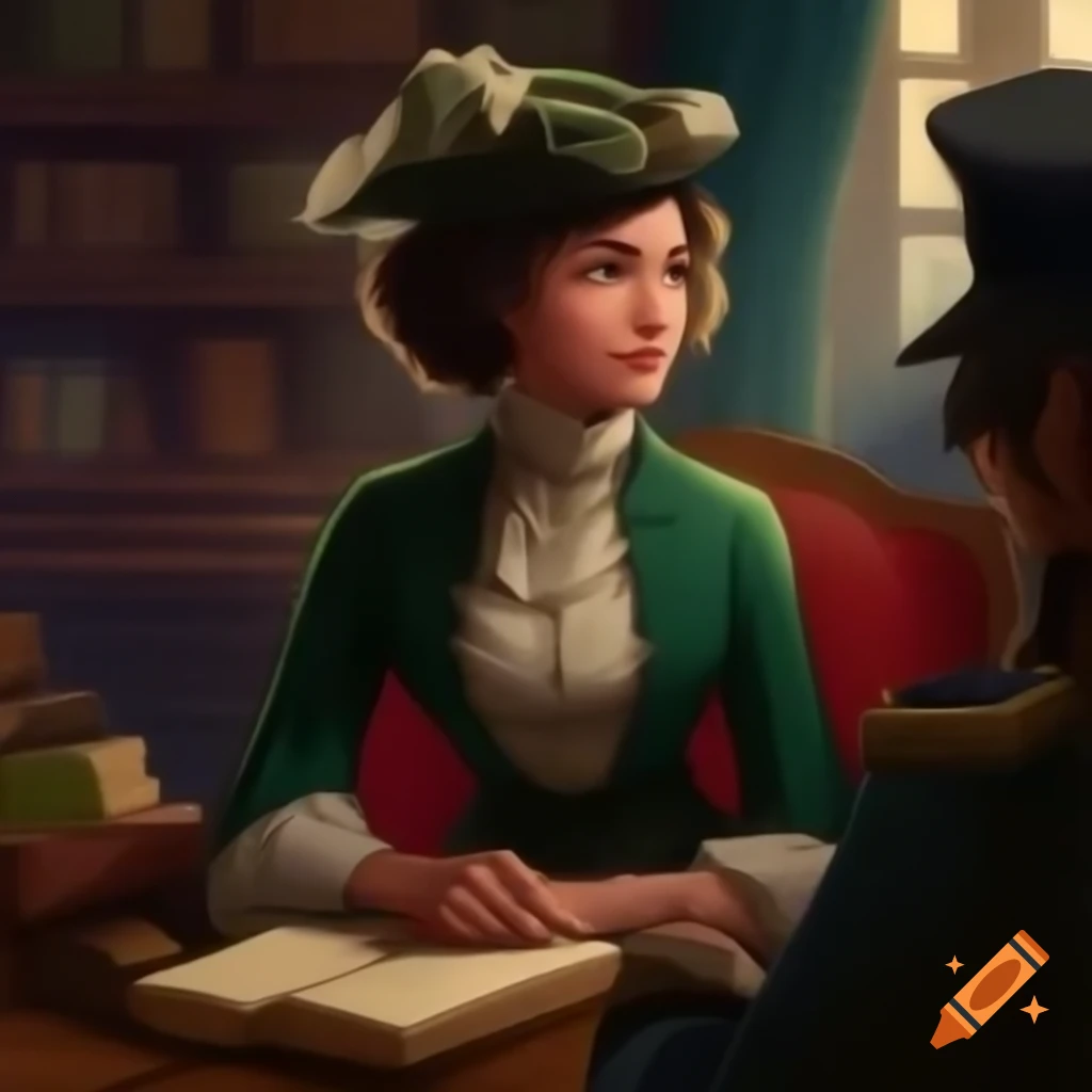 19th century journalist woman in green dress illustrated in American comic book style
