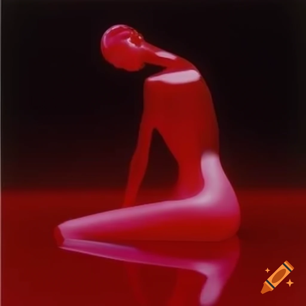 Pop surreal 2000s photography featuring red glass statue