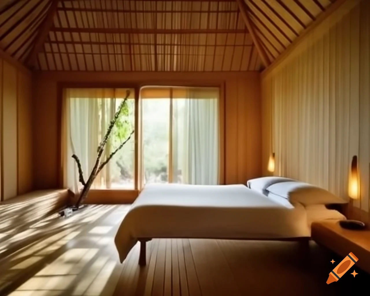 Minimalist zen-inspired bedroom with bamboo bed and wooden floors