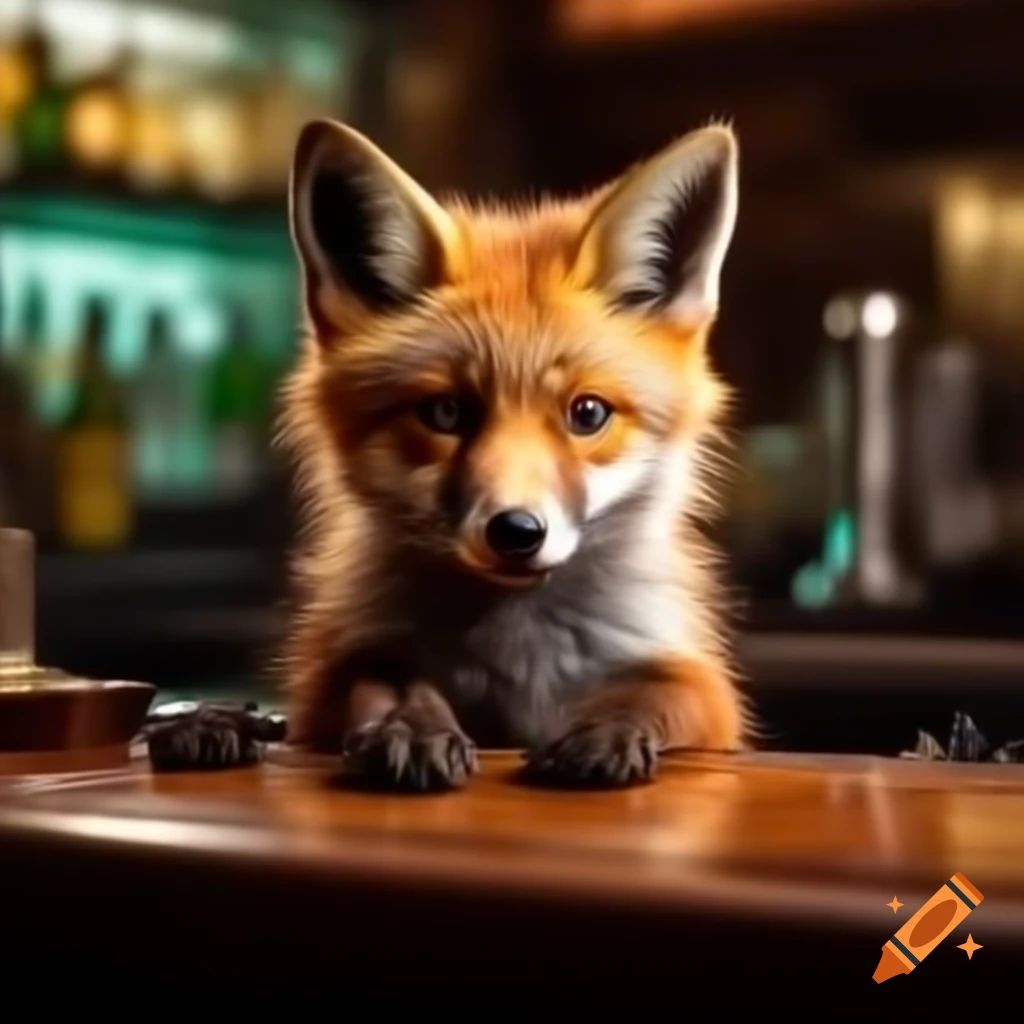Fox eating a banana leaning against a bar counter