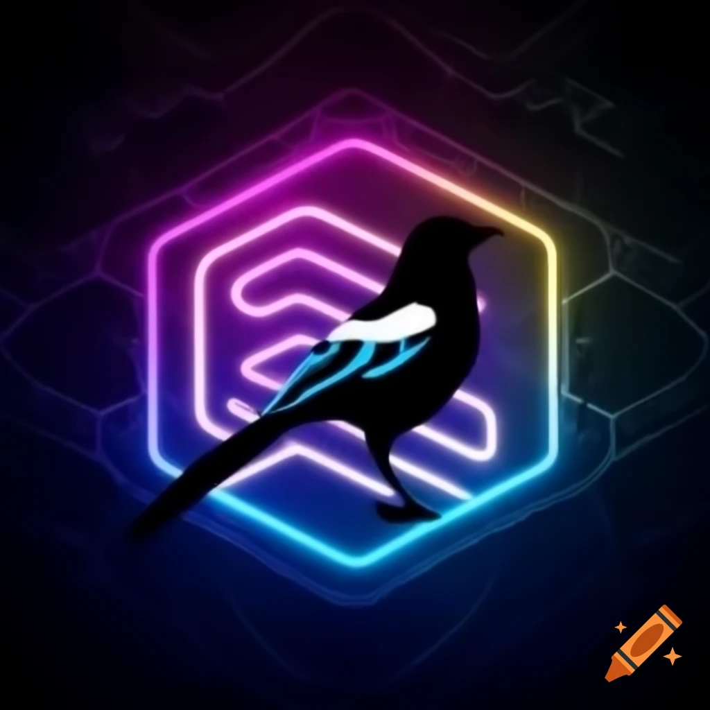Silhouette of magpie with neon accents on hexagon background