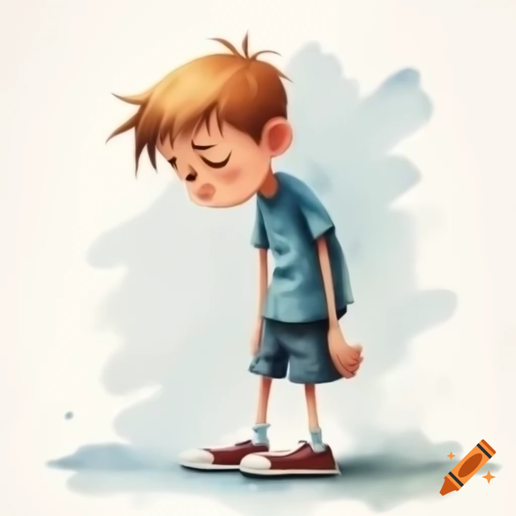 Cartoon boy crying in front view on white background, watercolor style