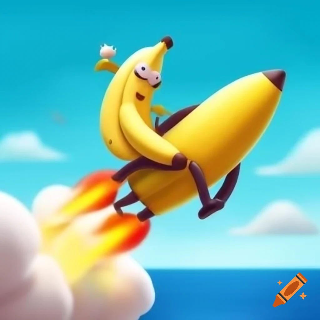Banana on a rocket, whimsical illustration