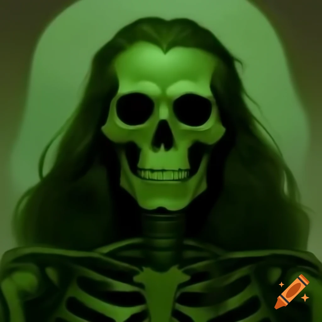 Skeleton man with long hair in a green theme