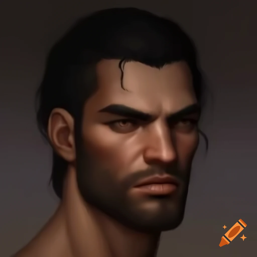 Male human artificer character portrait with olive skin and black hair
