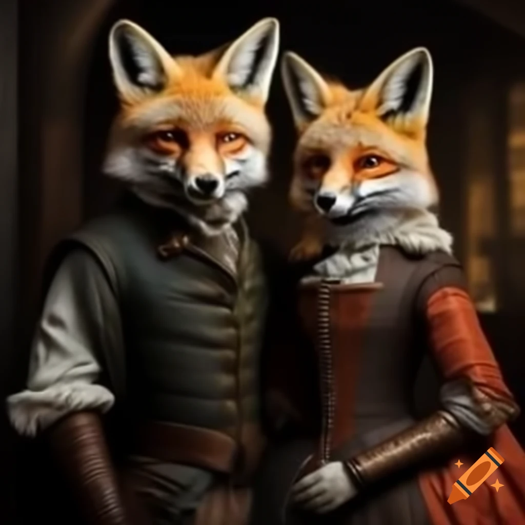Tudor style illustration of a fox couple