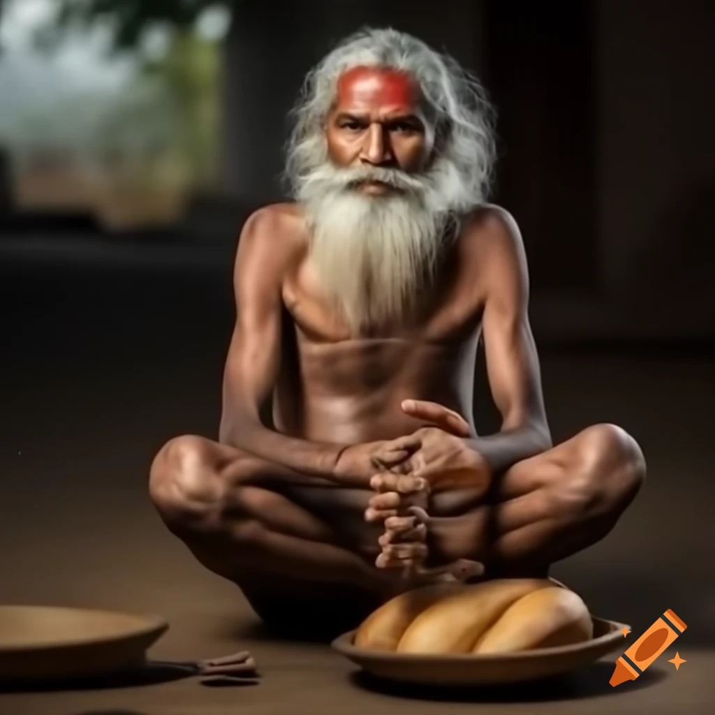 Saint with long white hair and beard giving sermon to farmer in Indian village