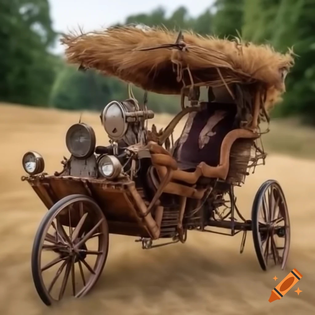 Steampunk buggy crafted from natural materials and copper pipes