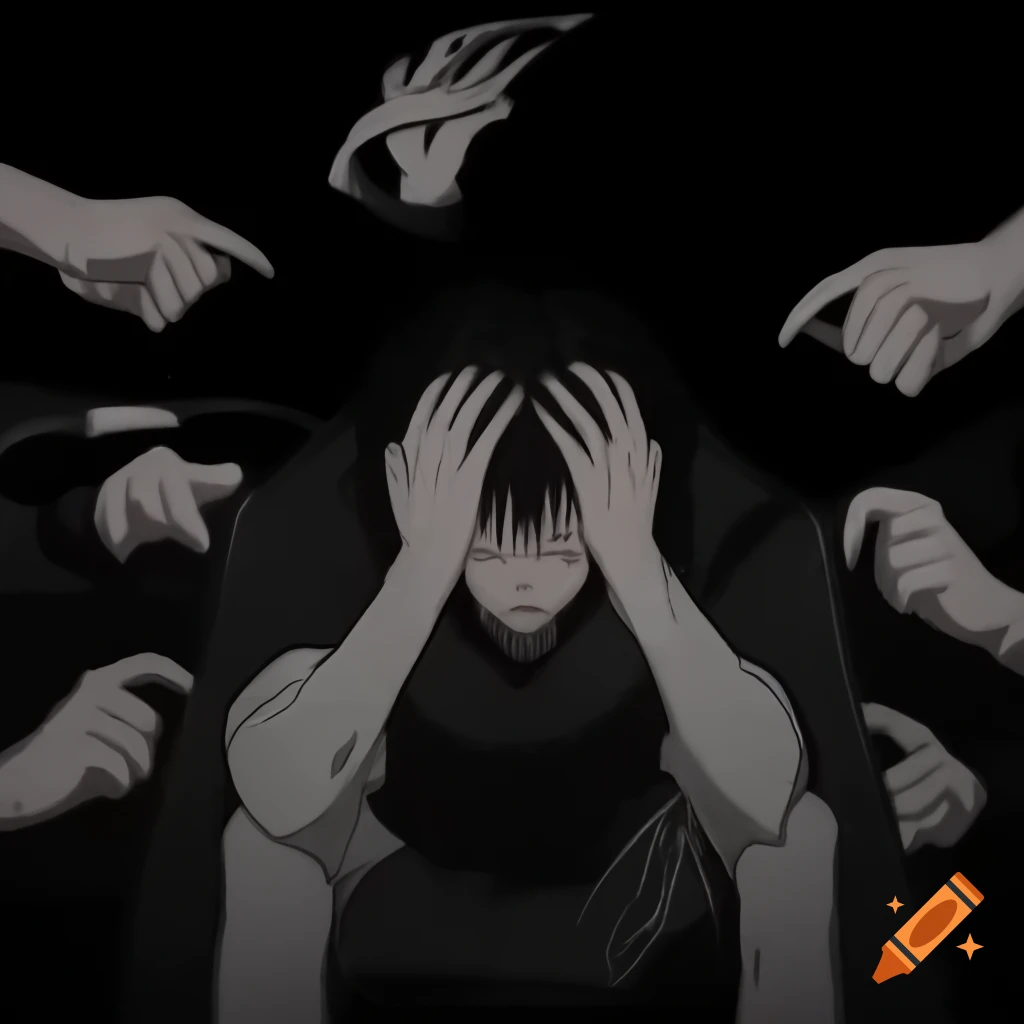 Artistic representation of a person struggling with judgment from others, dark theme