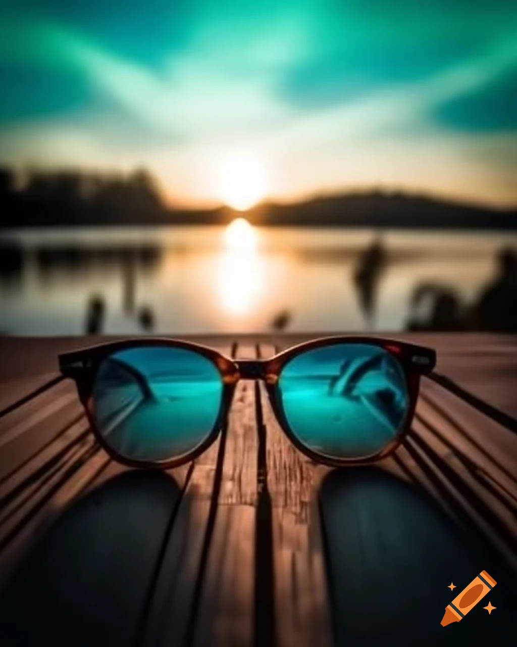 Macro photography of sunglasses on wooden bridge with calm lake and northern lights in background
