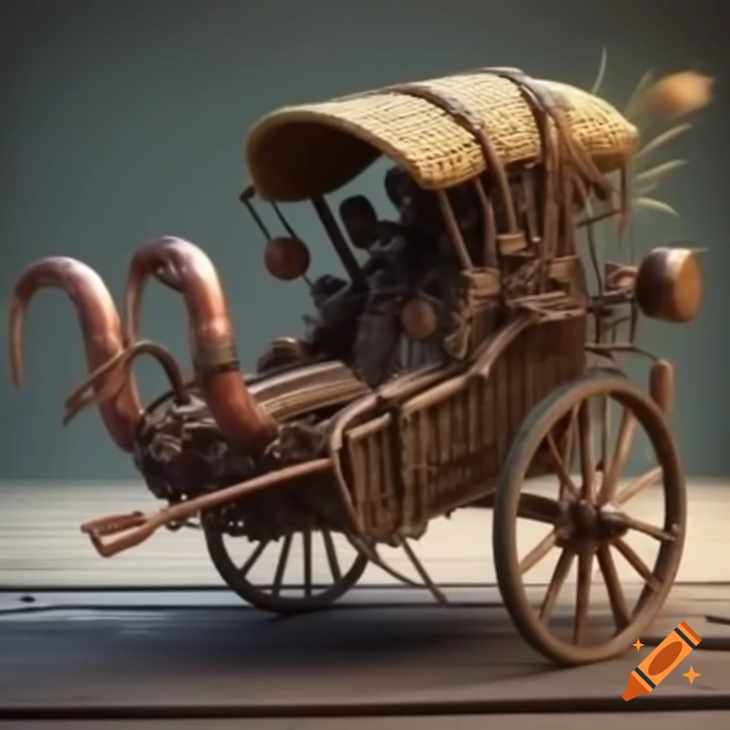 Steampunk buggy crafted from branches, straw, and copper pipes