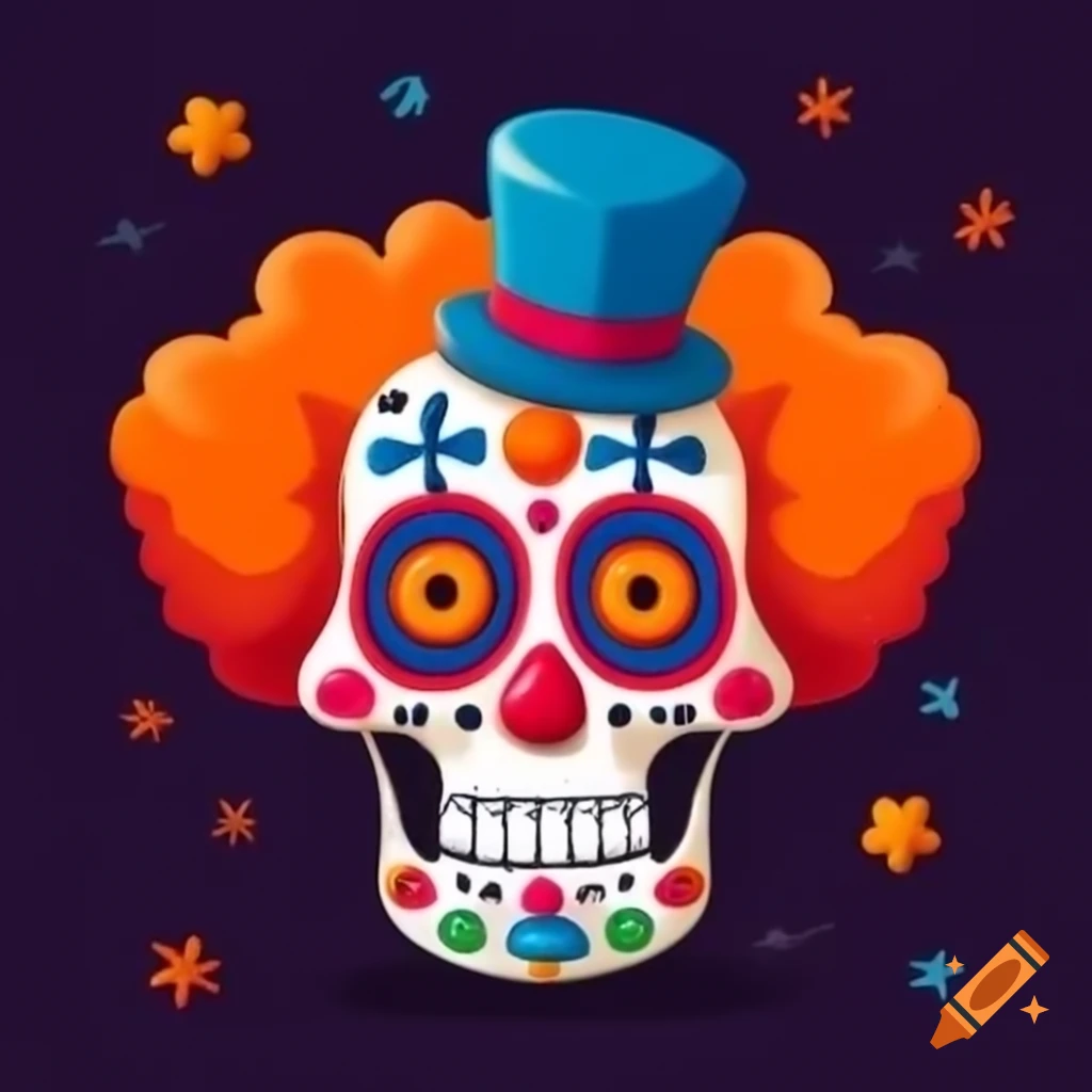 Colorful Día de Muertos sugar skull with clown features