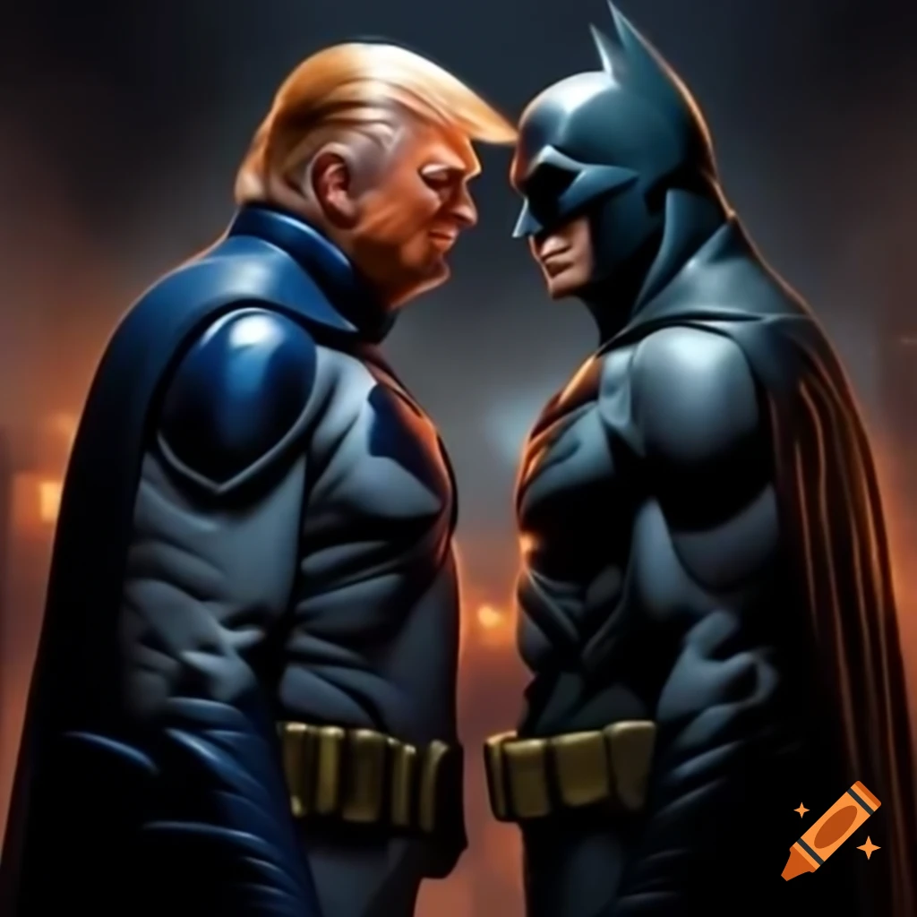 Epic battle between Donald Trump and Batman representing good vs evil