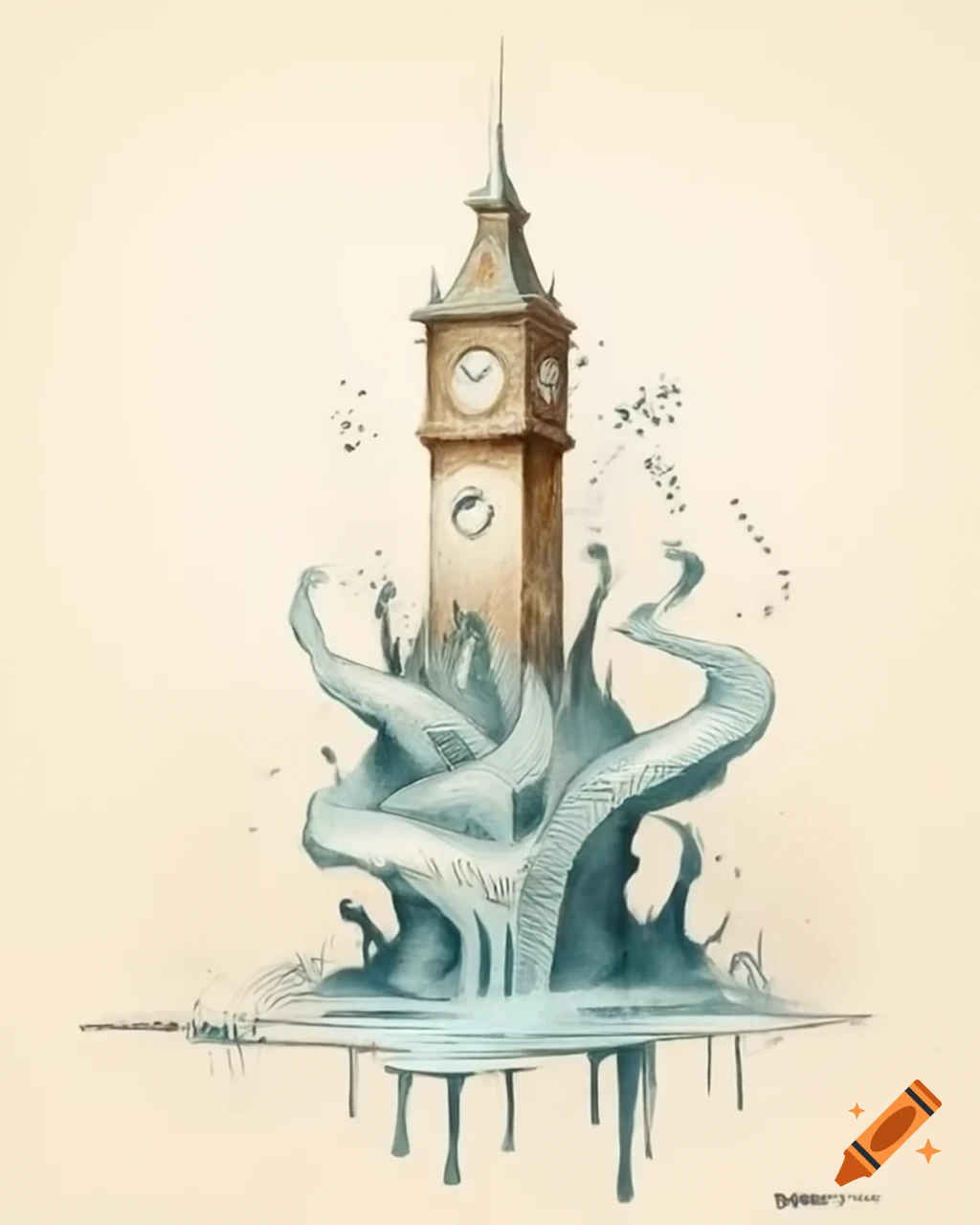 Surreal grand clock tower melting into flowing river, detailed ink and watercolor