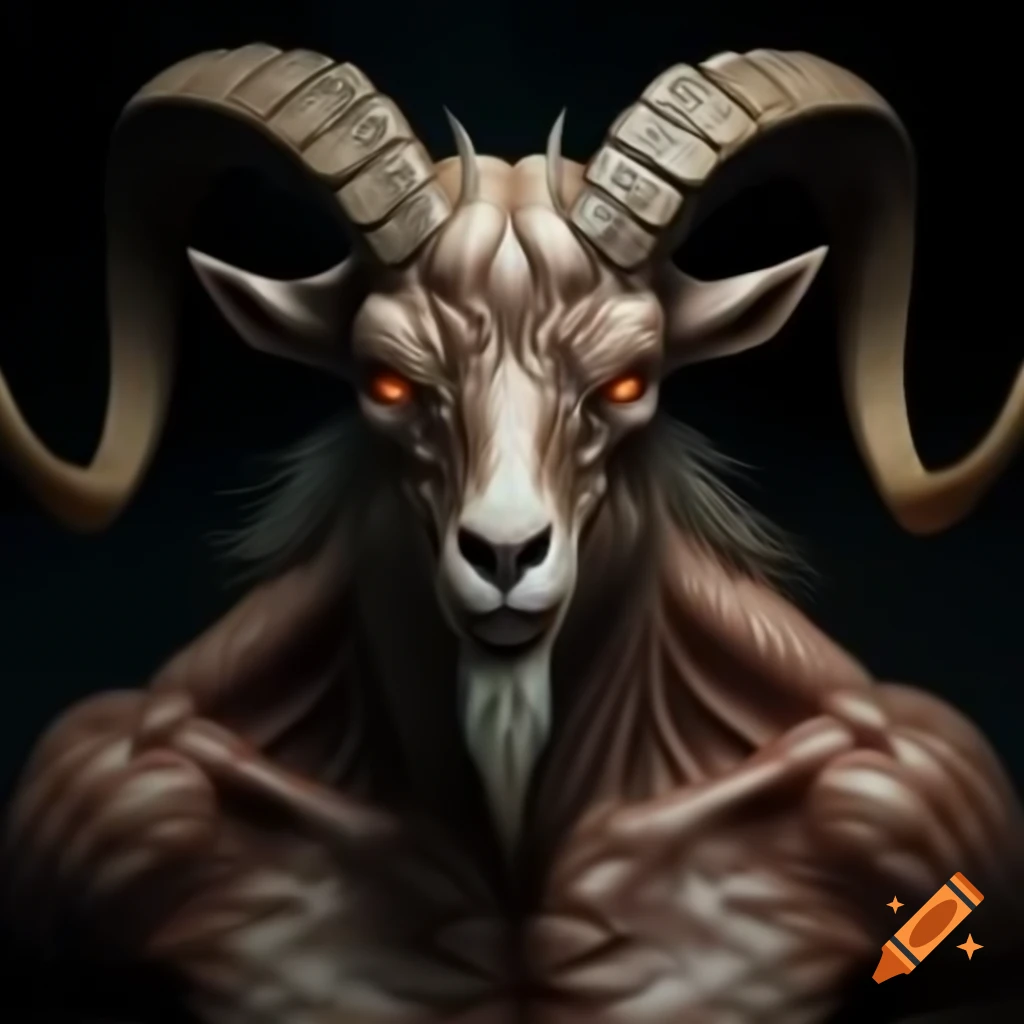 Realistic oil painting of a goat-headed demon with large horns