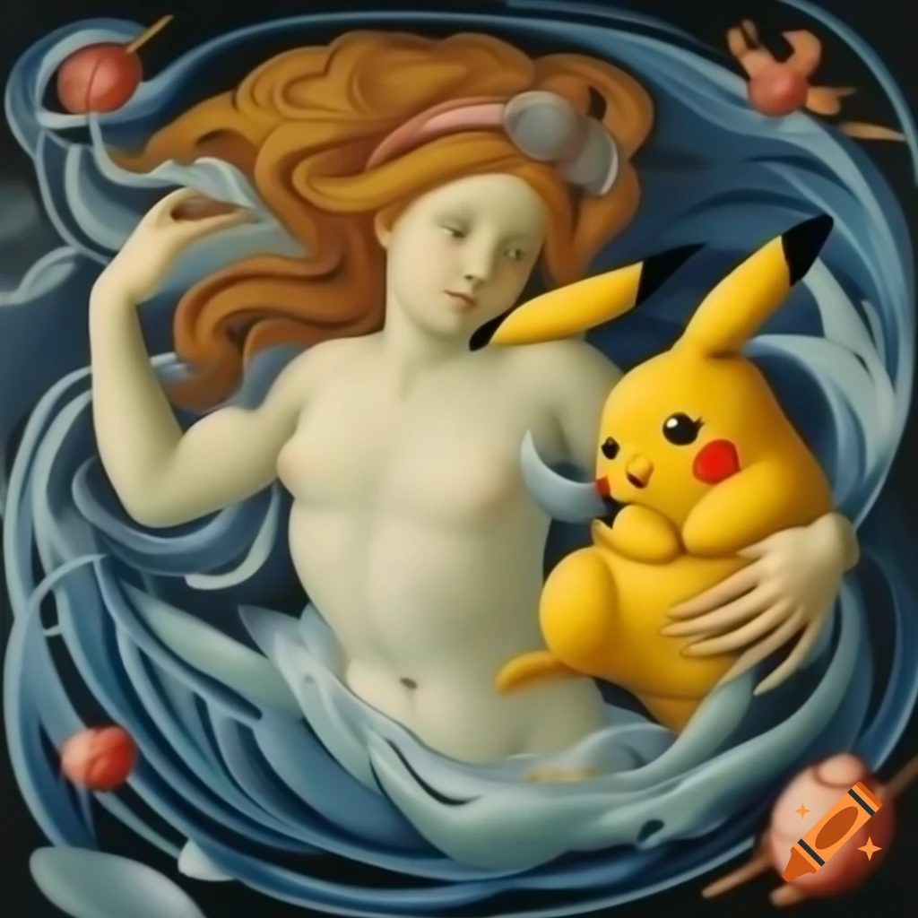 Radiant Pikachu in electric sea, inspired by Botticelli's Birth of Venus