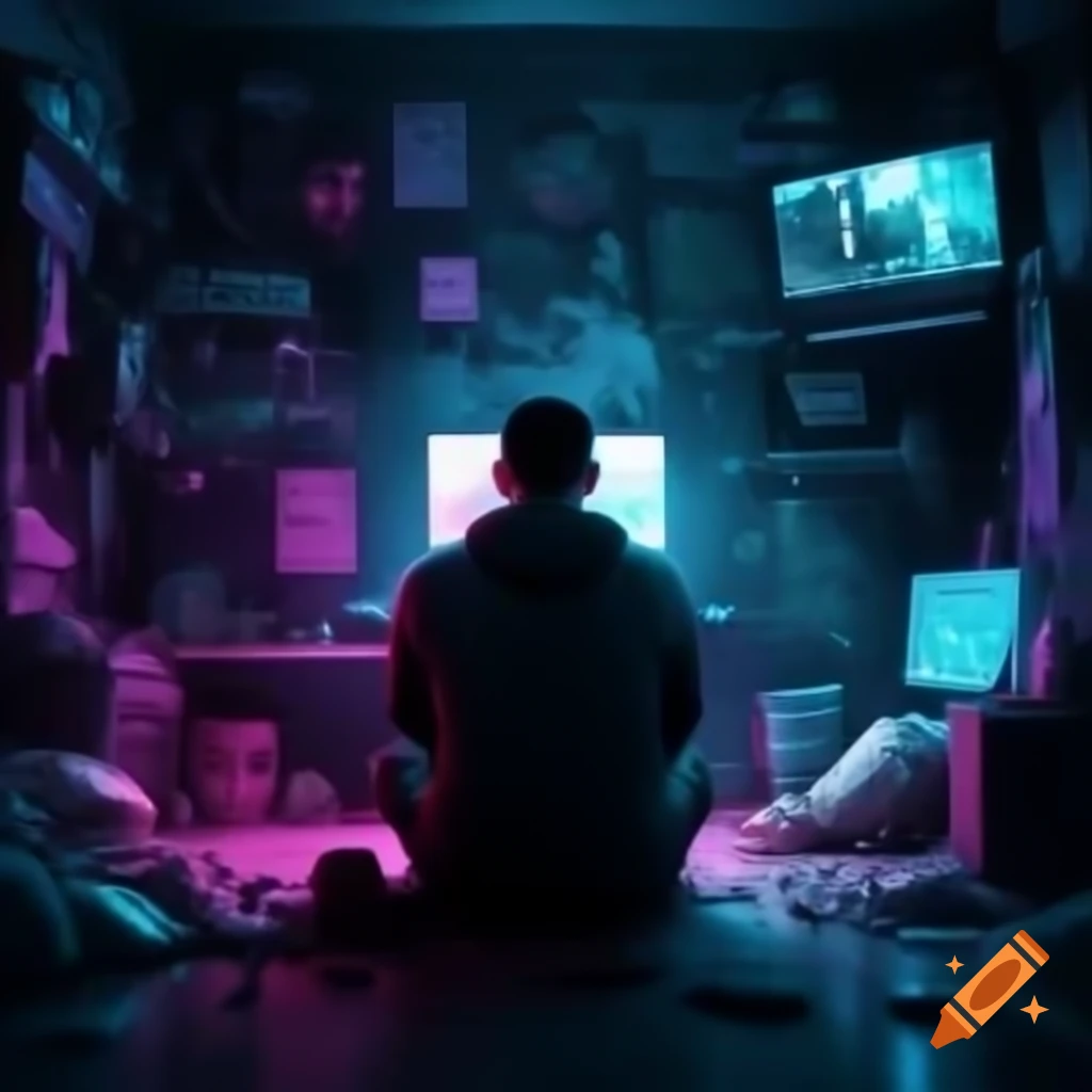 Man alone in cyberpunk style room with neon pink, purple, and cyan lights