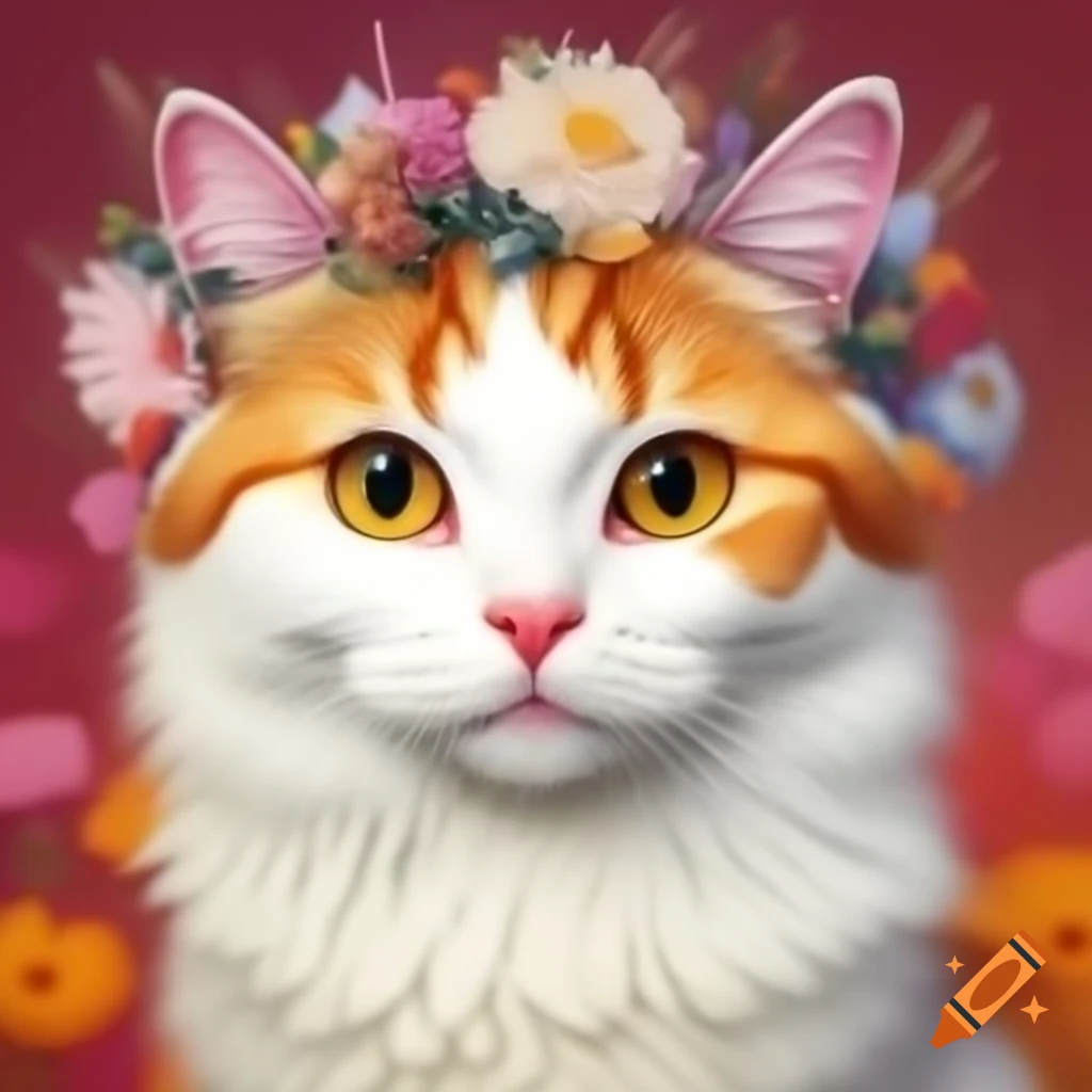 Vibrant cat-themed poster featuring white and yellow tabby cat with flower crown against floral background