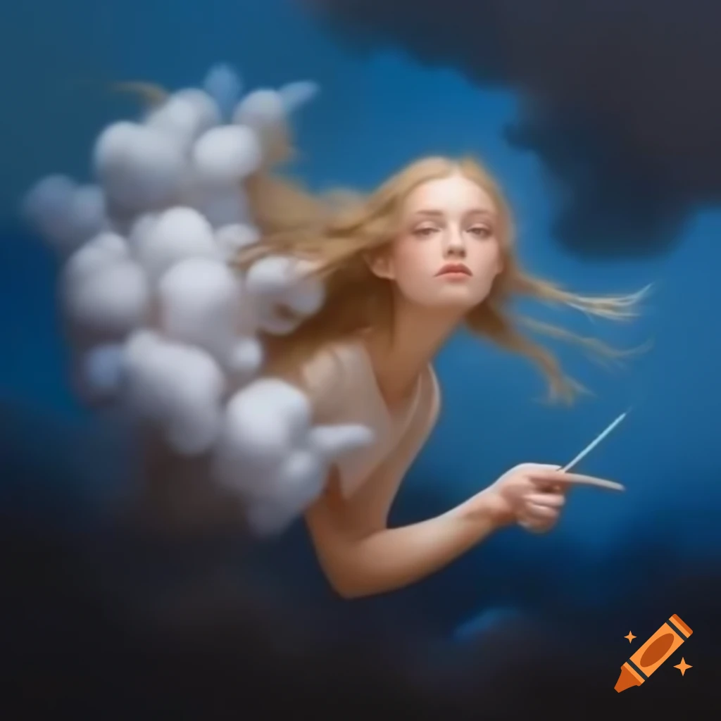 Woman painting clouds into the sky with fingertips in whimsical celestial scene