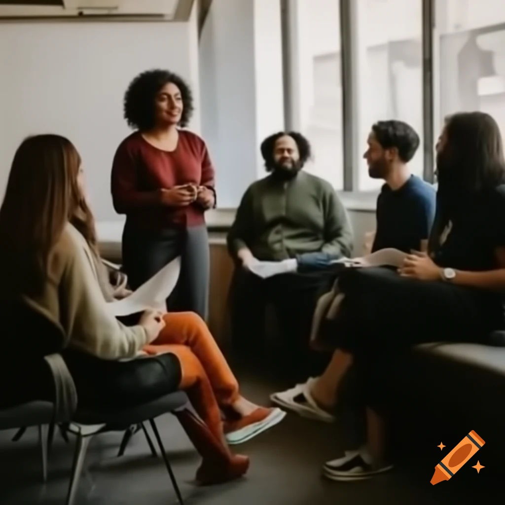 Diverse group of men and women engaged in discussion at a writer's retreat