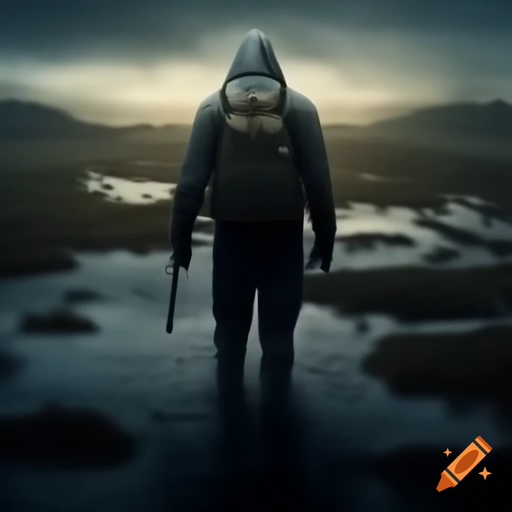 Lone figure in protective gear surveying a desolate flooded wasteland