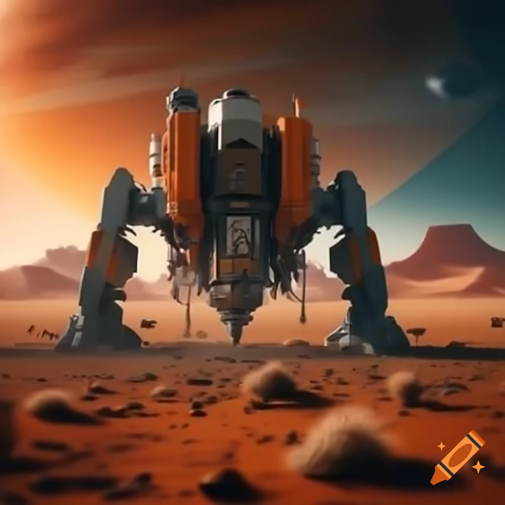 Futuristic drill digging in orange desert planet with high details