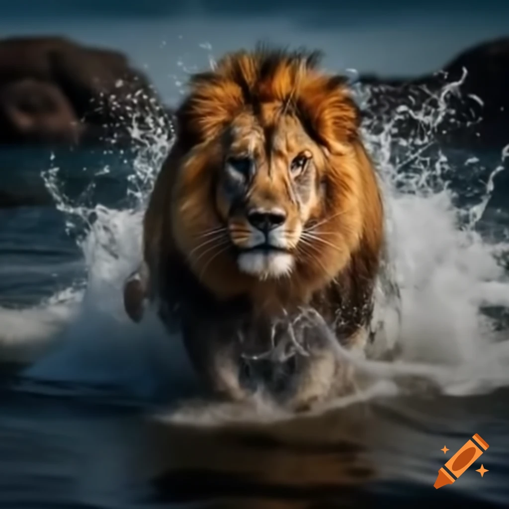 Majestic lion struggling in shallow waters against waves