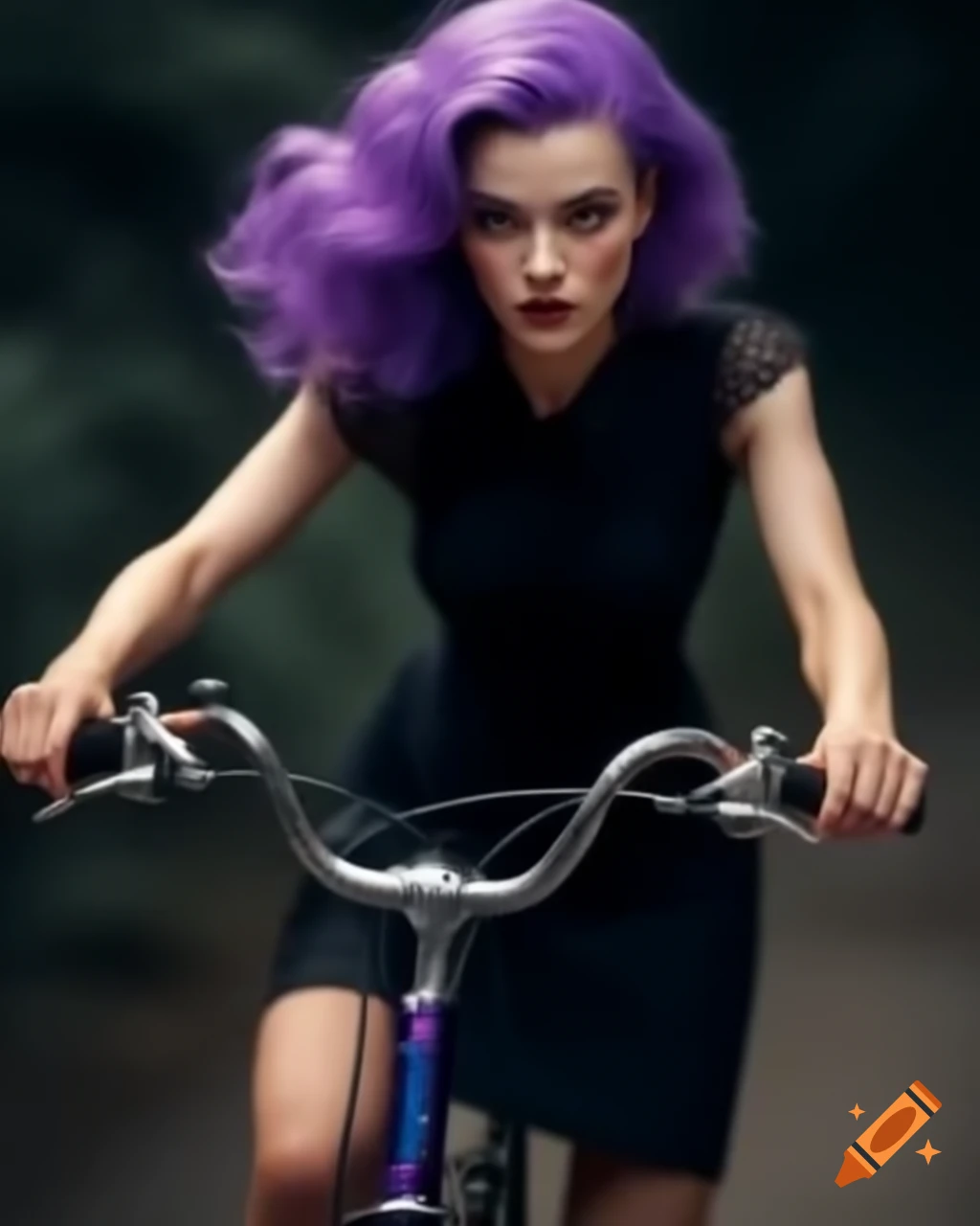Anime style Woman With Purple Hair Riding A Bike In A Black Dress On anime-style-woman-with-purple-hair-riding-a-bike-in-a-black-dress-on