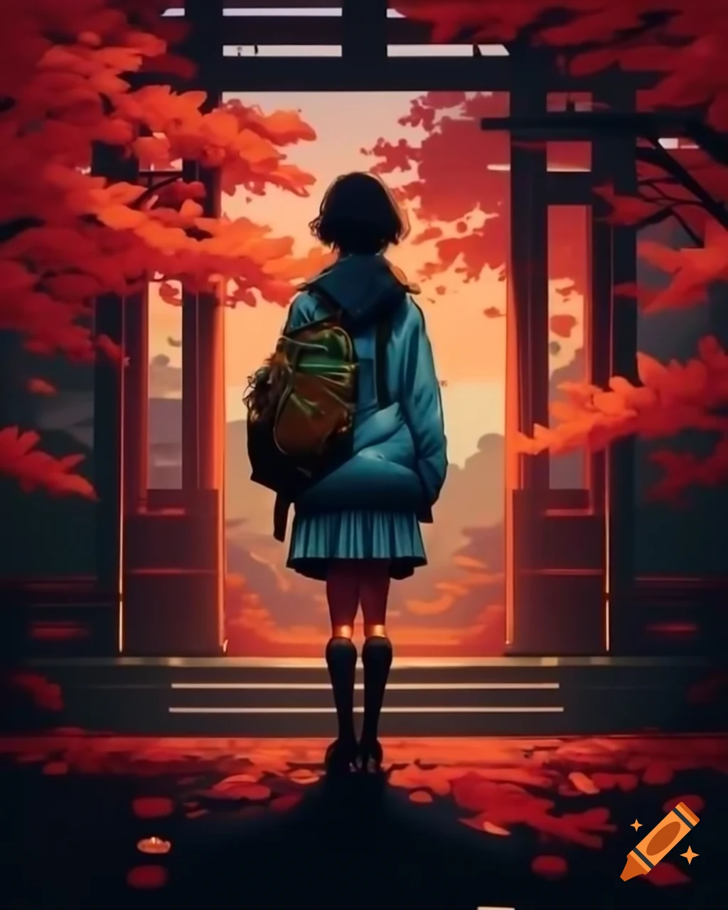 Japanese actress in school uniform at school entrance with maple trees in autumn, PC-98 pixelart style