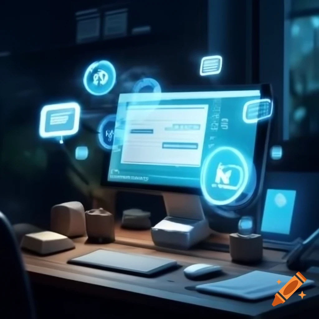 Modern workspace with computer screen showing transcription tool interface and labeled documents