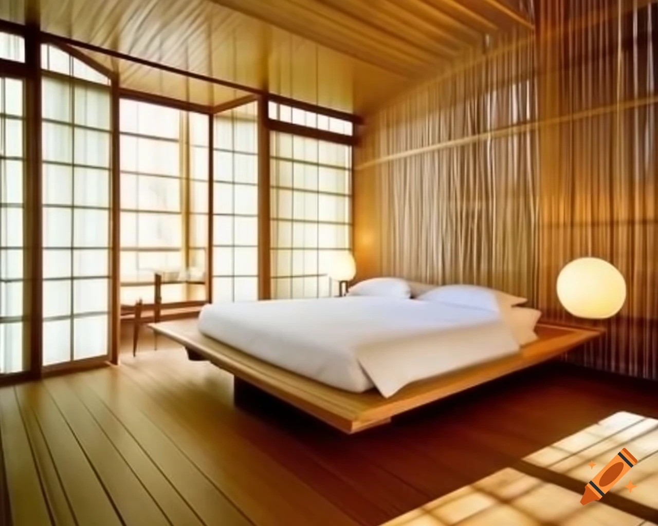 Zen bedroom with bamboo bed and oriental floating lamps