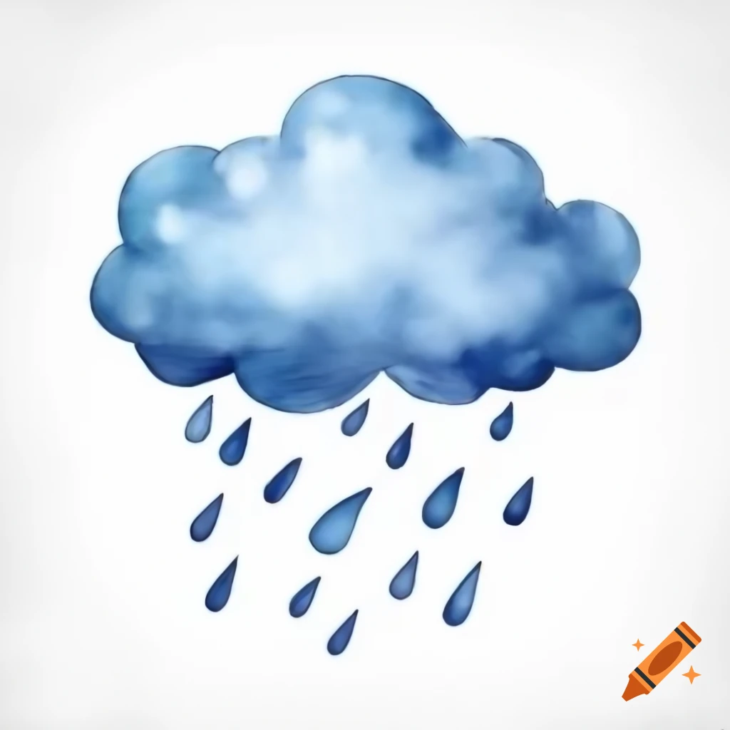 Cartoony rain cloud on white background in watercolor style