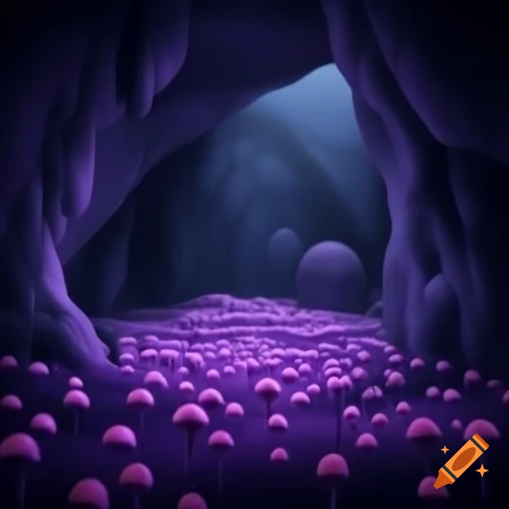 Field of purple sphere mushrooms in dark cave on craiyon