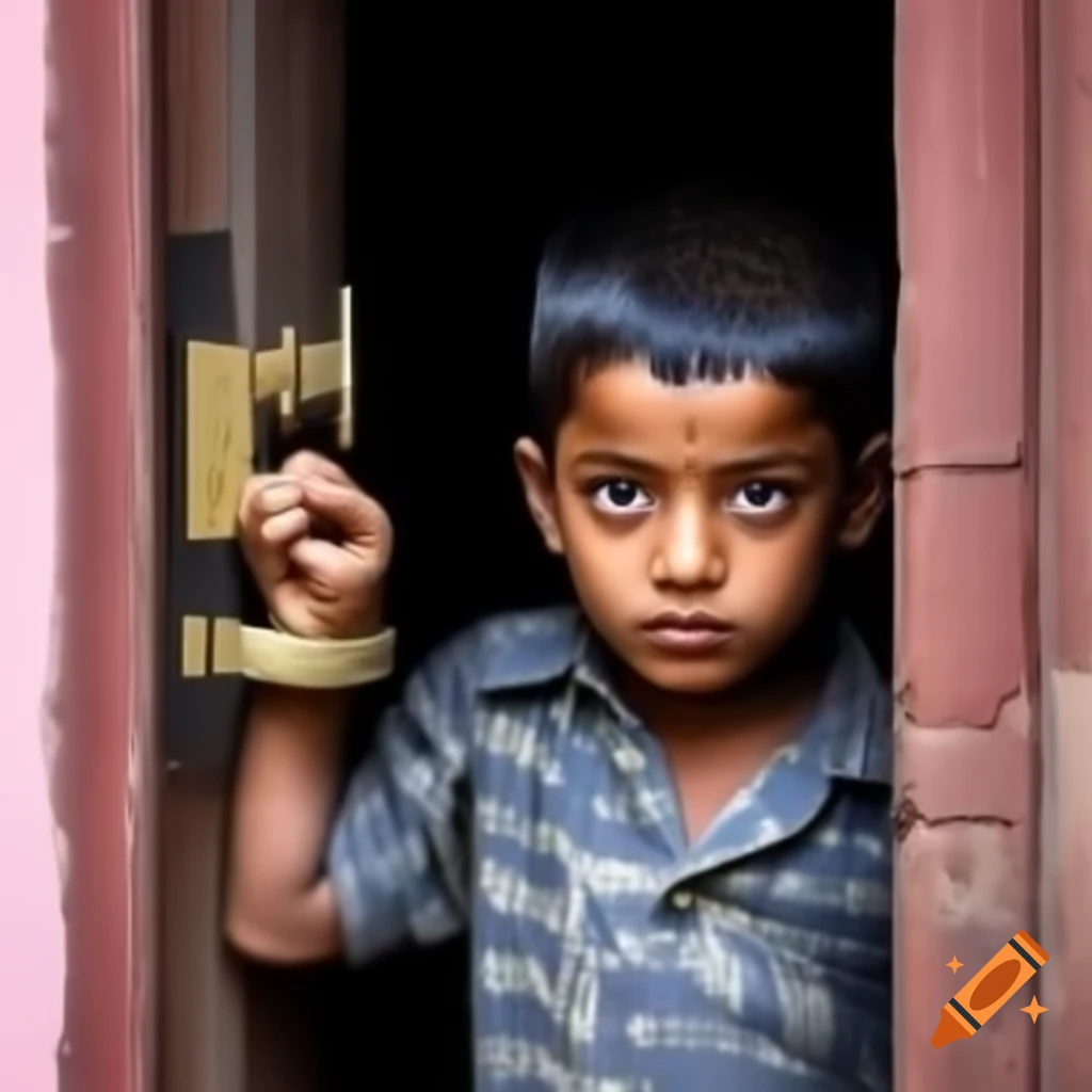 Indian boy child locking house doors